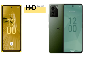 HMD Skyline: Throwback design, modern specs. Yellow color, boxy build, centered hole-punch display, in-display fingerprint sensor. 108MP camera. HMD Atlas: Budget-friendly, olive green shade, centered hole-punch display. 48MP camera, 5G support, NFC, microSD slot, 3.5mm jack.