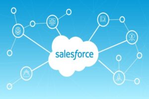 A graphical representation of the Salesforce network with various connected icons on a blue background.