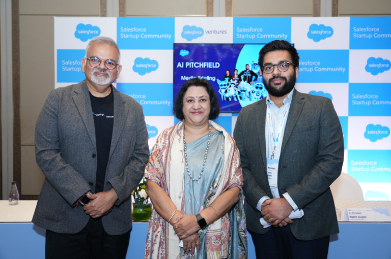 (L to R) Sanket Atal,Managing Director - India Operations & Technology, Salesforce India, Arundhati Bhattacharya, CEO & Chairperson, Salesforce India & Kartik Gupta, Director, Salesforce Ventures (1)